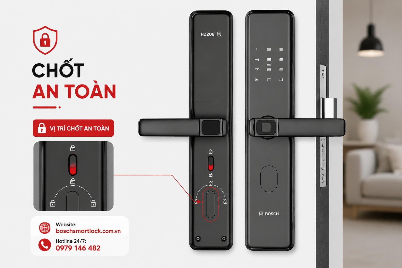 Chốt an toàn trên khóa cửa vân tay