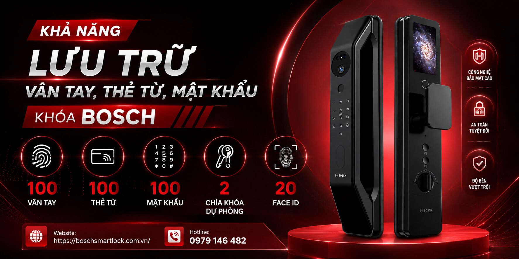 Khả năng lưu trữ vân tay, thẻ từ, mật khẩu khoá Bosch