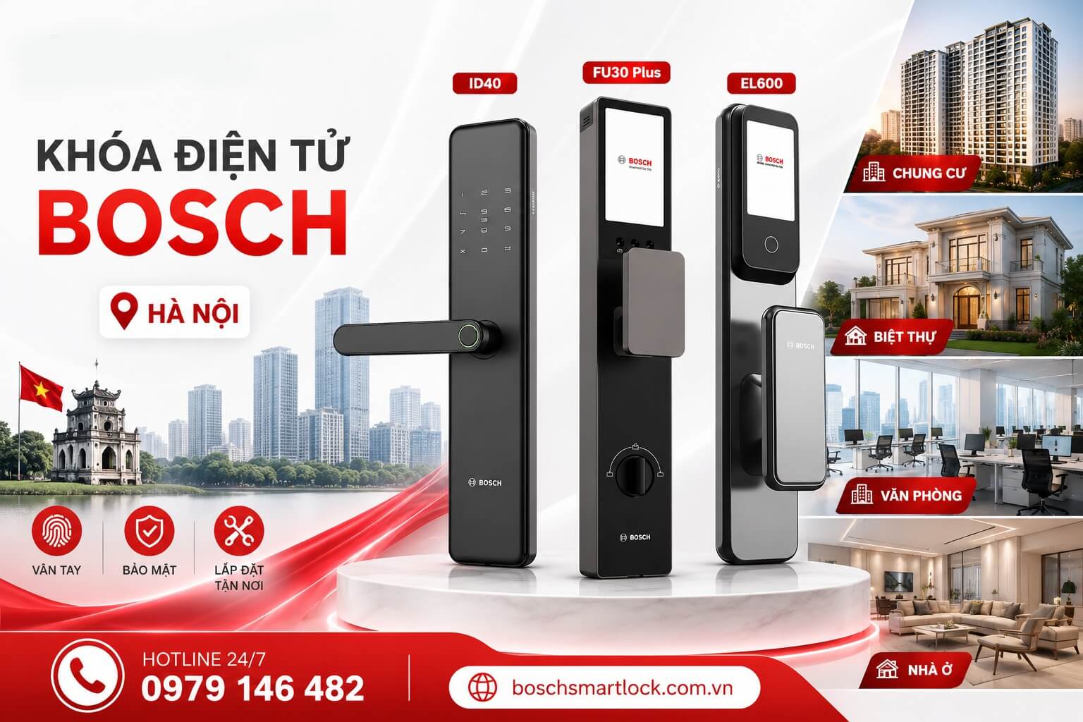 Bộ sưu tập khóa điện tử Bosch gồm ID40, FU30 Plus và EL600 phù hợp nhiều loại công trình tại Hà Nội