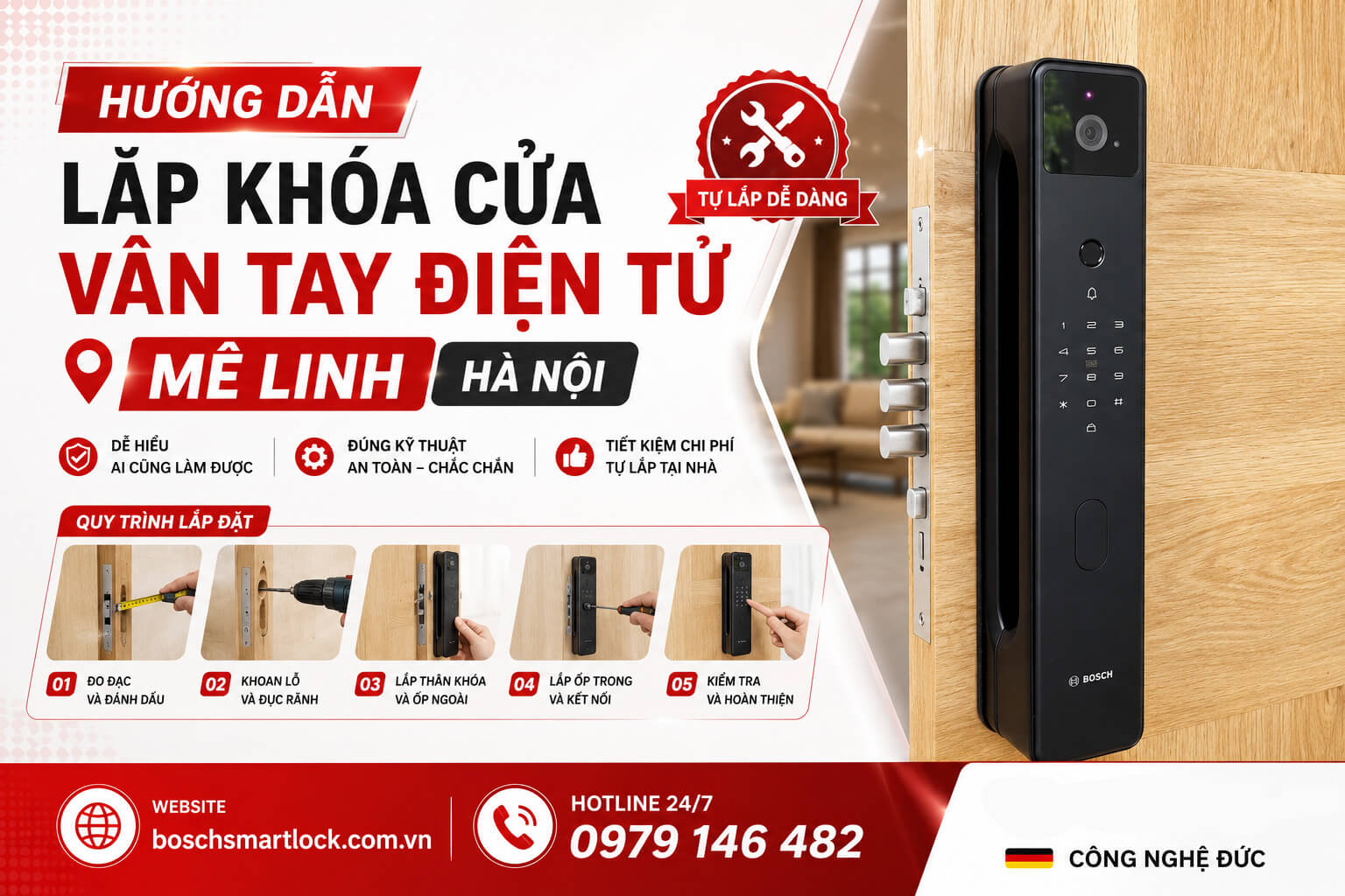 Hướng dẫn lắp khóa cửa vân tay điện tử Mê Linh Hà Nội chính hãng Bosch