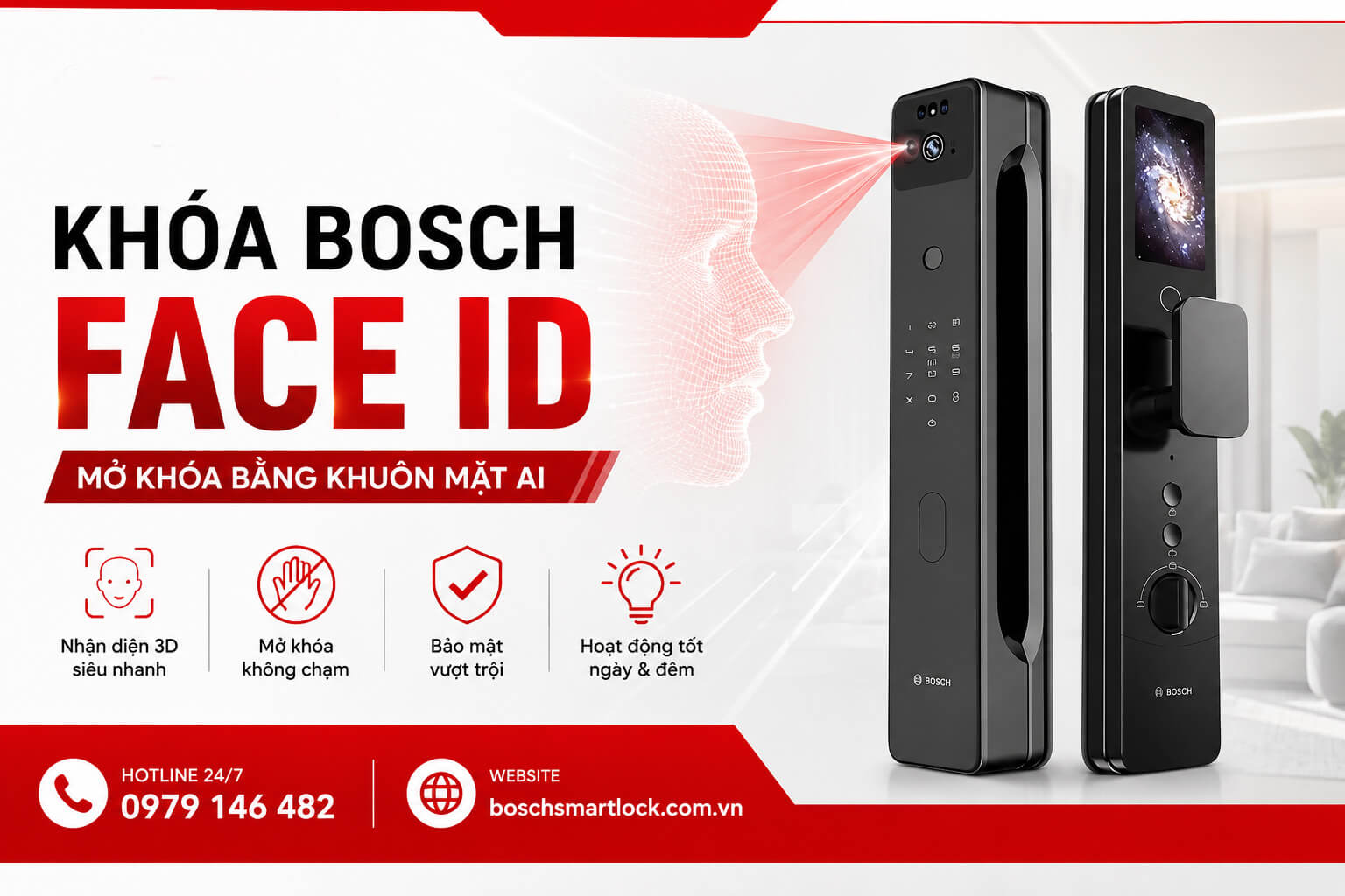 Khóa Bosch Face ID nhận diện khuôn mặt AI 3D mở khóa không chạm
